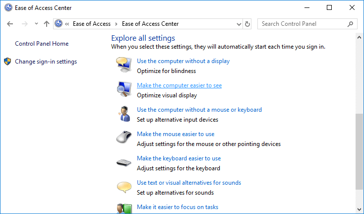 Em Explorar todas as configurações, clique em Tornar o computador mais fácil de ver