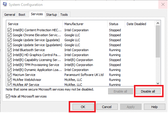 次に、[すべて無効にする]ボタンを押し、[OK]をクリックして変更を保存します。 Windows10でiaStorA.sysBSODエラーを修正する7つの方法