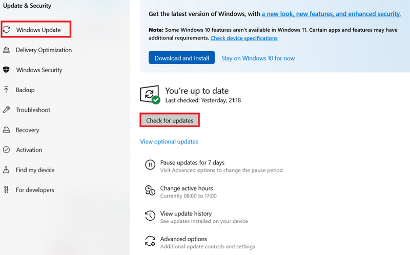 Fare clic sull'opzione Verifica aggiornamenti. 7 modi per correggere l'errore BSOD di iaStorA.sys su Windows 10