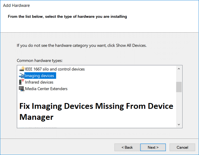 Corrigir dispositivos de imagem ausentes do gerenciador de dispositivos