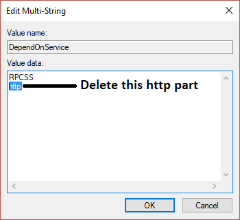 Eliminate a parte http in a chjave di registru DependOnService