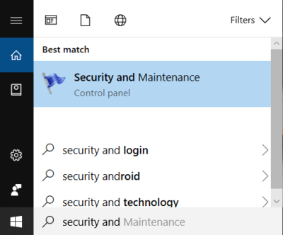Digite segurança no Windows Search e clique em Segurança e Manutenção | Corrigir erros de tela azul REGISTRY_ERROR