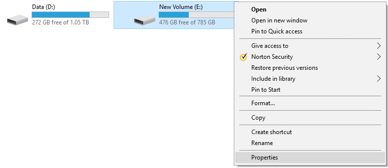NTFSドライブを右クリックし、[プロパティ]を選択します