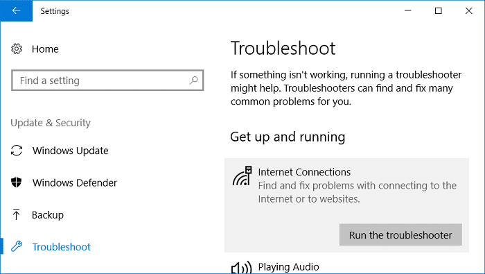 Cliccate nant'à Internet Connections è dopu cliccate Run the troubleshooter