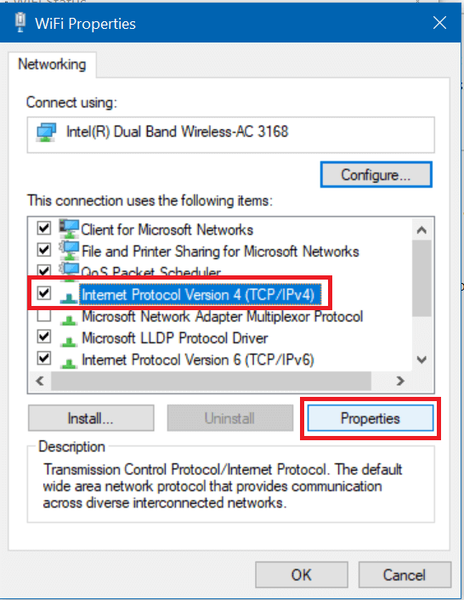 Seleccione Internet Protocol Version 4 (TCPIPv4) e prema de novo no botón Propiedades
