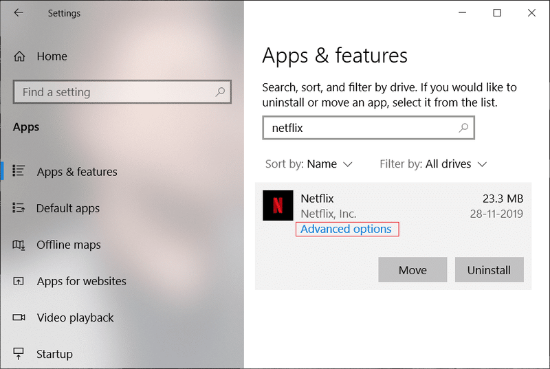 Hautatu Netflix aplikazioa eta egin klik Aukera aurreratuak estekan
