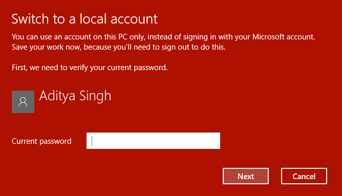 Inserisci la password per il tuo attuale account Microsoft e quindi fai clic su Avanti