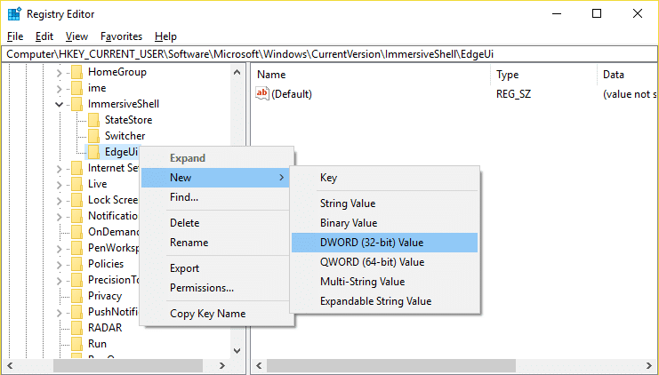 Fare clic con il pulsante destro del mouse su EdgeUi, quindi selezionare Nuovo, quindi fare clic sul valore DWORD (32 bit).