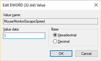 Assegna un nome a questo nuovo DWORD come MouseMonitorEscapeSpeed ​​| Come disabilitare gli angoli appiccicosi in Windows 10