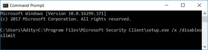 Avvia la finestra di disinstallazione di Microsoft Security Client utilizzando il prompt dei comandi