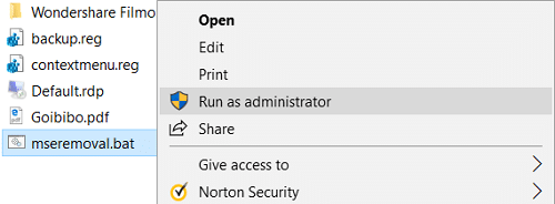 Clique com o botão direito do mouse no arquivo mseremoval.bat e selecione Executar como administrador