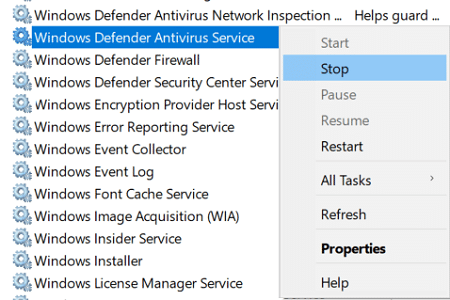 Kliknite pravým tlačidlom myši na antivírusovú službu Windows Defender a vyberte možnosť Zastaviť