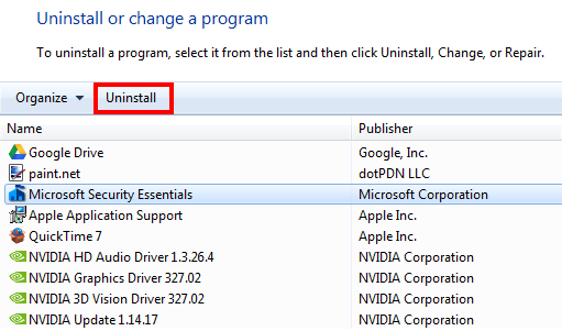 Fare clic con il pulsante destro del mouse su Microsoft Security Essentials e selezionare Disinstalla