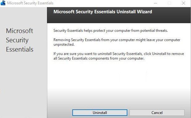 Selezionare Disinstalla nella finestra di Microsoft Security Client