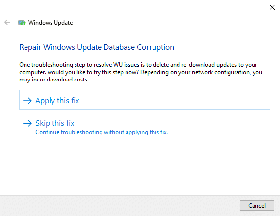 Se viene rilevato un problema con Windows Update, fare clic su Applica questa correzione