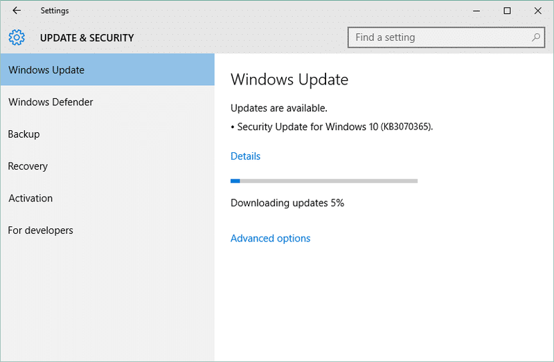 Foutspoor Windows Update vas met die aflaai van opdaterings