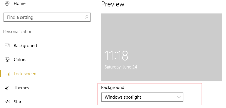 assicurati che Windows Spotlight sia selezionato in Sfondo