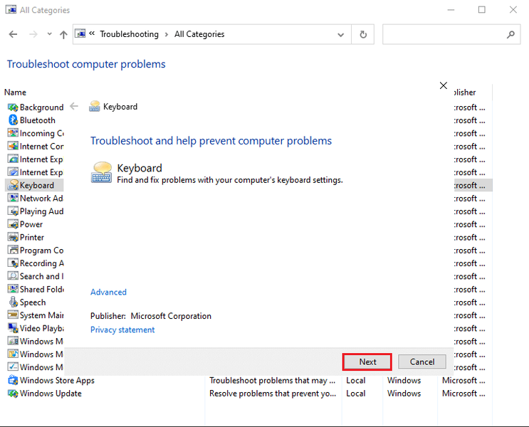 Clique em Avançar para executar o solucionador de problemas | Corrigir o atraso de entrada do teclado no Windows 10