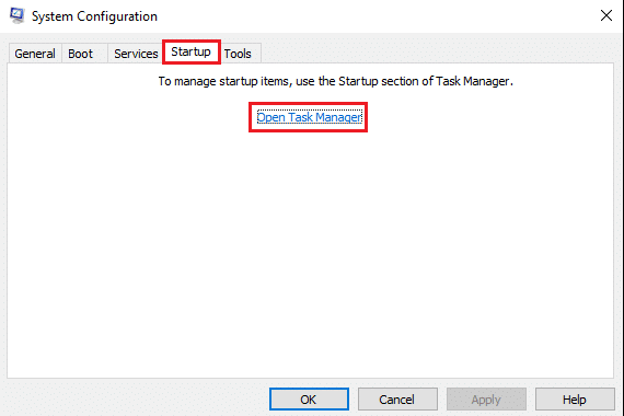 Mude para a guia Inicialização, clique no link para abrir o Gerenciador de Tarefas | Corrigir o atraso de entrada do teclado no Windows 10