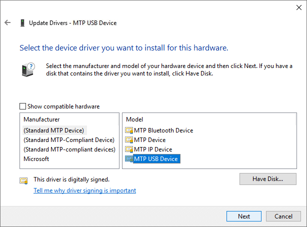 Deseleziona Mostra hardware compatibile, quindi seleziona Dispositivo USB MTP