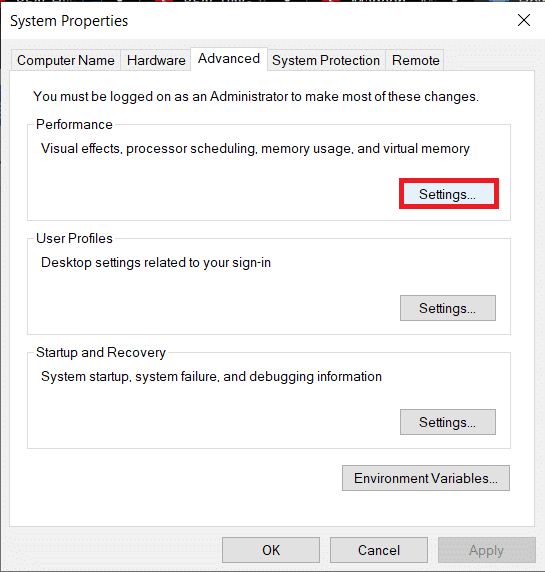 დააწკაპუნეთ Settings… ღილაკზე Performance/Disable Drop Shadow of Desktop icon Windows 10-ზე