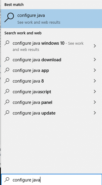 WindowsサーチバーでJavaアプリを検索して、Javaアプリの構成を起動します。 Minecraftエラーを修正してコアダンプを書き込めなかった