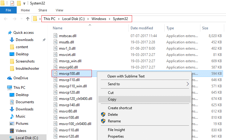 Agora, na pasta System32, localize MSVCP100.dll, clique com o botão direito nele e selecione Copiar | Corrigir MSVCP100.dll está faltando ou erro não encontrado