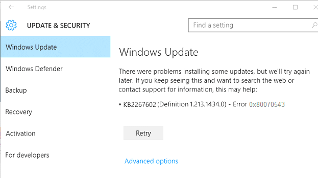 Herstel Windows Update misluk met fout 0x80070543