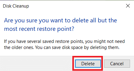 確認プロンプトで[削除]をクリックして、最後のシステムの復元ポイントを除くすべての古いWinセットアップファイルを削除します。