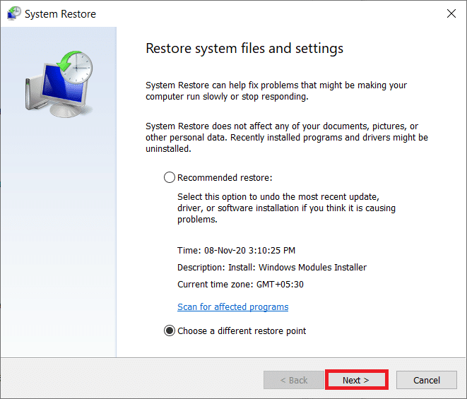 [システムの復元]ウィンドウで、[次へ]、[次へ]の順にクリックします。 Windows10で破損したレジストリを修正する