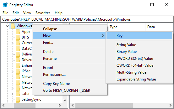 Clique com o botão direito do mouse no Windows e selecione Novo e depois Chave. Nomeie esta nova chave como AppCompat e pressione Enter