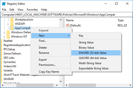 Clique com o botão direito do mouse em AppCompat e selecione Novo valor DWORD (32 bits)