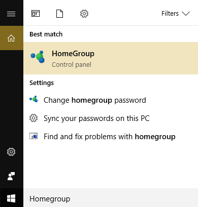 cliccate HomeGroup in Windows Search
