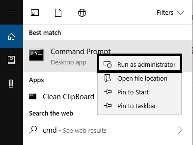 Windowsサーチにcmdと入力し、右クリックして[管理者として実行]を選択します