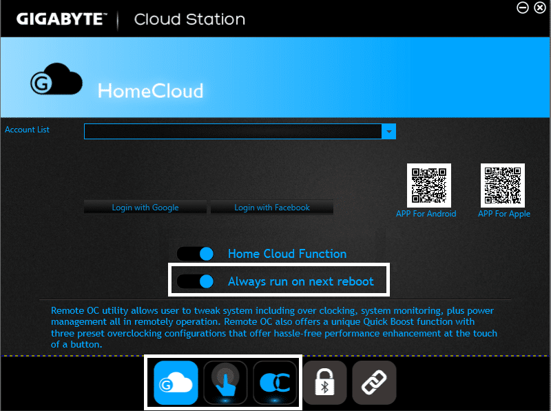 Spegnete Sempre eseguite à u prossimu reboot Cloud Server Station, GIGABYTE Remote è Remote OC.