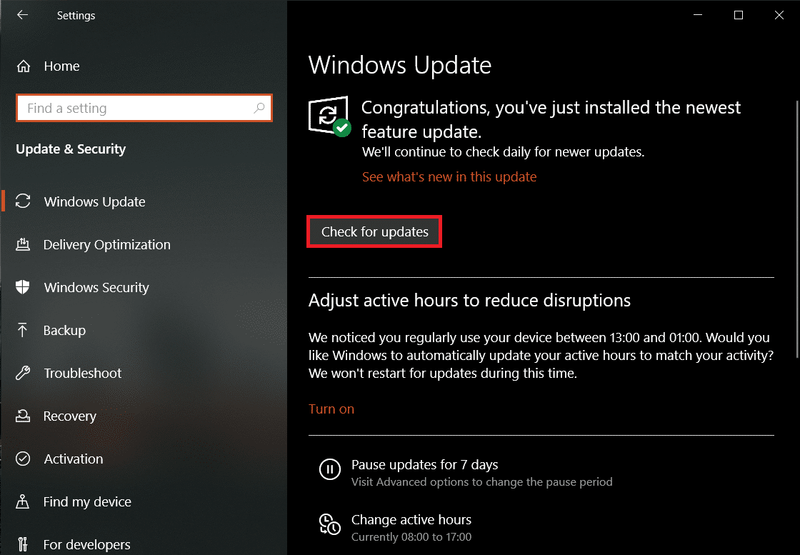 Windows Updateページで、[更新の確認]をクリックします