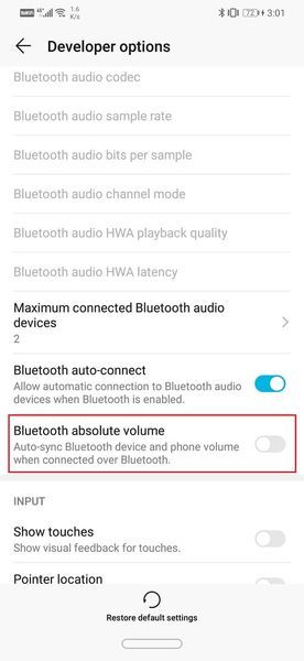 Mandehana midina mankany amin'ny fizarana Networking ary esory ny switch ho an'ny volume absolute Bluetooth