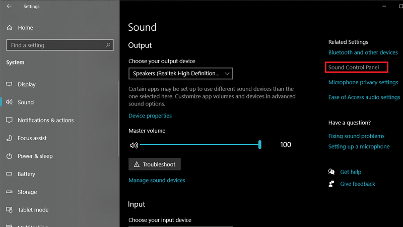 Odabirom Open sound settings, a zatim klikom na Sound Control Panel u sljedećem prozoru