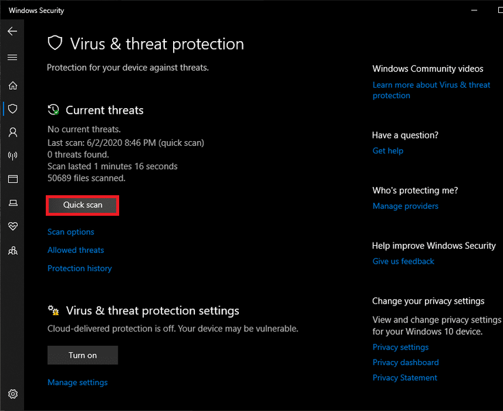 Kliknite na Zaštita od virusa i prijetnji (ikona štita), a zatim izvršite brzo skeniranje