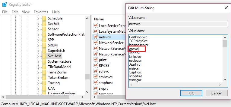 certifique-se de que o gpsvc esteja presente no net svcs, se não o adicione manualmente