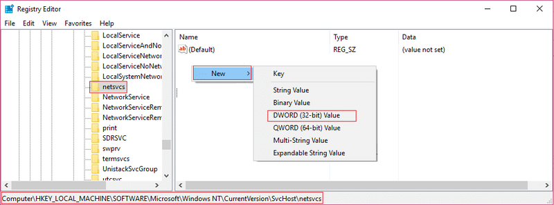 in netsvcs fare clic con il pulsante destro del mouse, quindi selezionare Nuovo e quindi il valore DWORD 32 bit