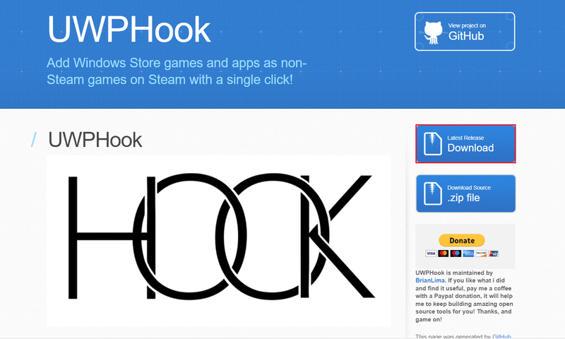 angkat ka halaman unduhan UWPHook teras klik Unduh. Kumaha Nambahkeun Microsoft Games kana Steam nganggo UWPHook