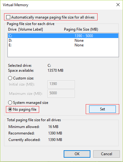 Uncheck Automatically tswj paging file size for all drives and then check mark No paging file