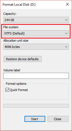 sistema de arquivos deve ser definido como NTFS