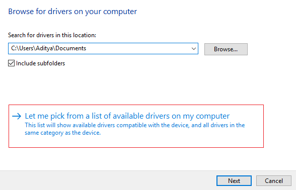 コンピューターで使用可能なドライバーのリストから選択します。イーサネットはしません