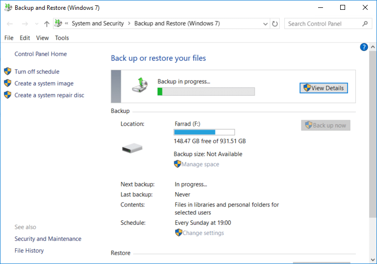 Kliknutím na tlačidlo Zobraziť podrobnosti zobrazíte súbory a priečinky zálohované systémom Windows 10
