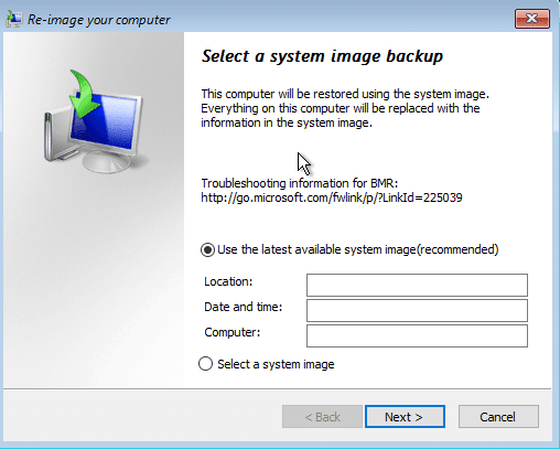 Začiarknite políčko Obnoviť obraz obrazovky počítača Použiť najnovší dostupný obraz systému a potom kliknite na tlačidlo Ďalej