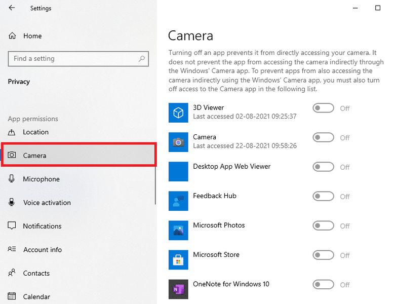 이제 아래로 스크롤하여 왼쪽 창에서 카메라를 찾아 아래와 같이 카메라에 액세스할 수 있는 Microsoft Store 앱 선택에서 모든 응용 프로그램/프로그램을 끕니다.