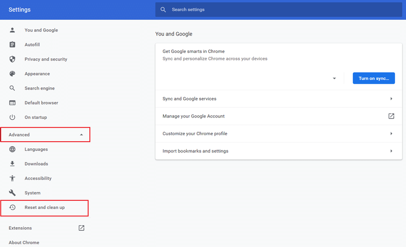 고급 메뉴를 확장하고 Google 크롬 설정에서 재설정 및 정리 옵션을 선택하십시오.