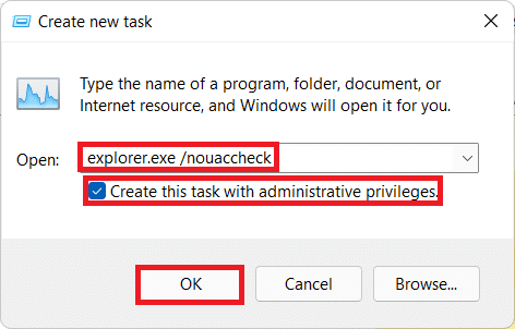 Креирај нов дијалог прозорец со задача со команда за да се изврши File Explorer како администратор.